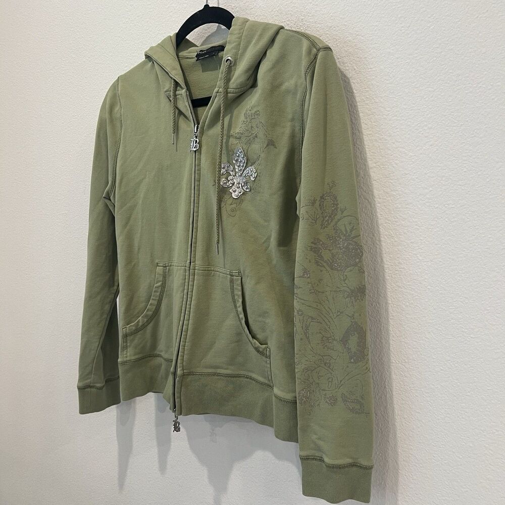 BCBG MaxAzria Jacket Womens Large Green Y2K Embellished Beaded Cotton Zip Up - Picture 2 of 10